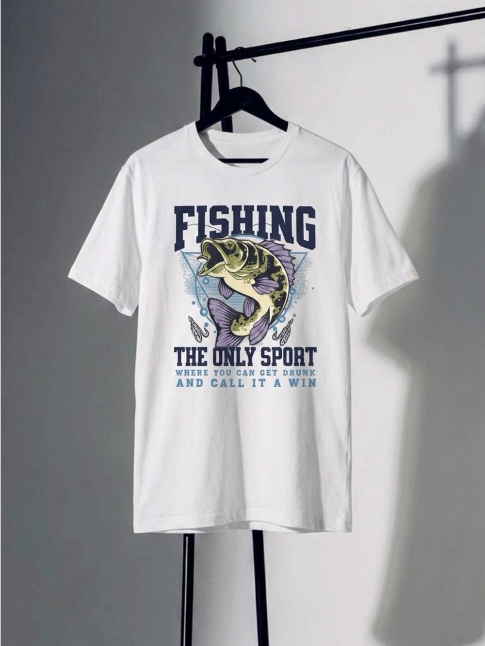 Gildan White Fishing Graphic Tee with Navy and Purple Accents